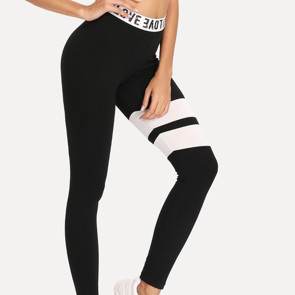 New! Love Print Black Work Out Leggings - Picture 2 of 7